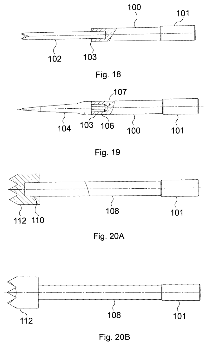 Original patent figures 18, 19 and 20 show narrow and wide separate contact heads joined to plungers.